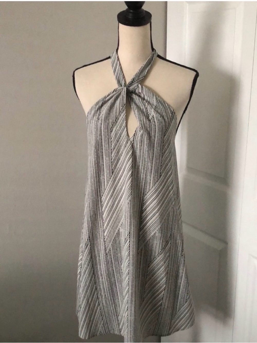 Tyche Black & White Striped Halter Tie Mini Dress